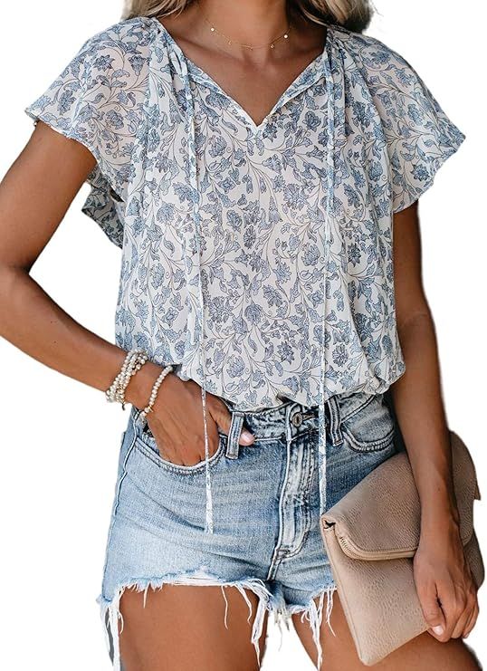 FARYSAYS Women's Casual Boho Floral Print V Neck Short Sleeve Shirts Tops Loose Blouses | Amazon (US)