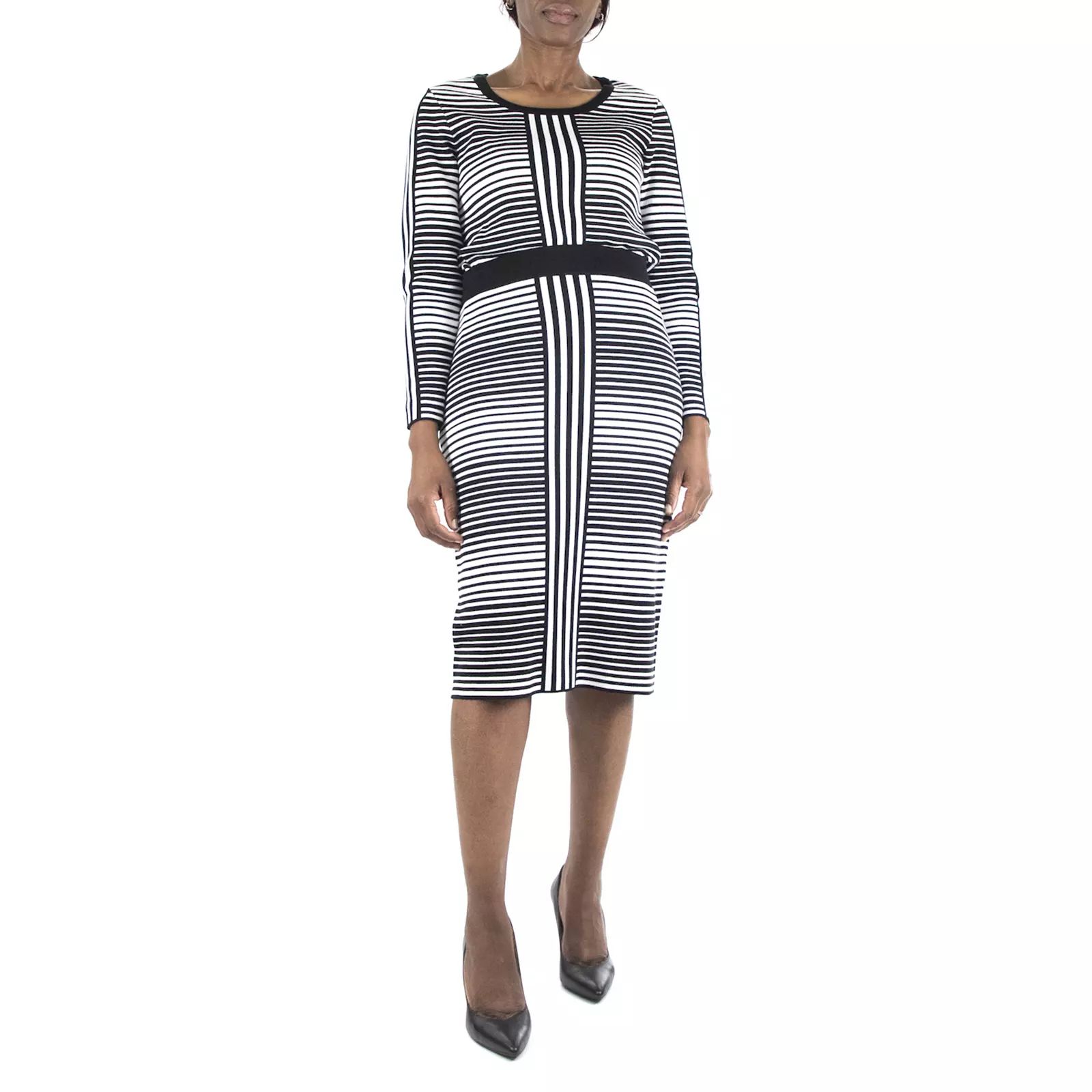 Women's Nina Leonard Striped-Jacquard Sweater & Midi Skirt Set, Size: Large, Oxford | Kohl's