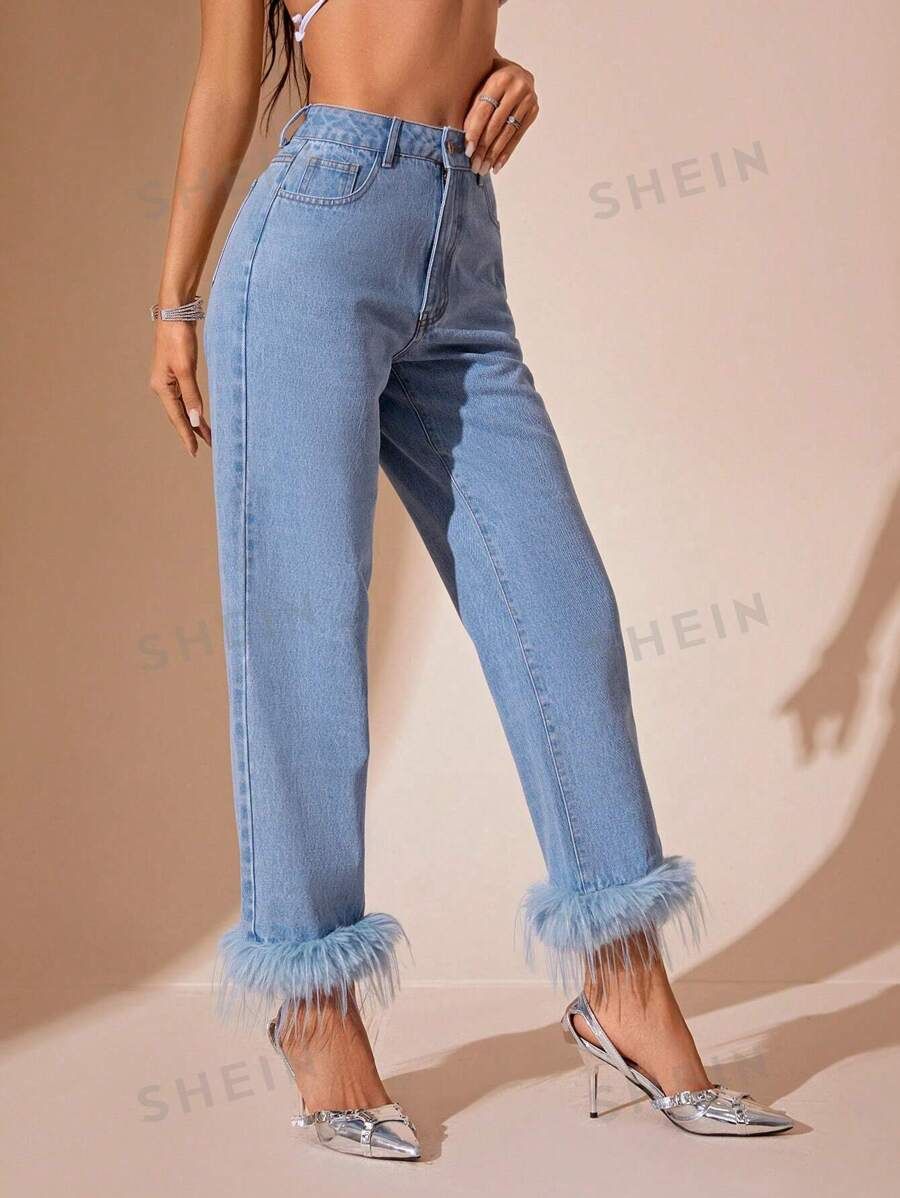 SHEIN BAE Fuzzy Hem Straight Leg Jeans | SHEIN