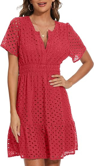 Women Summer Eyelet Lace Dress Casual V Neck Mini A Line Hollow Out Embroidered Formal Dress Sund... | Amazon (US)
