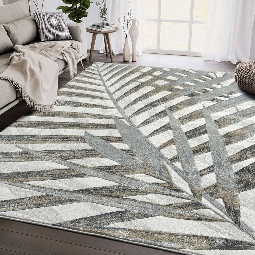 Abani Grey & Brown Modern Floral Living Room Rug - Non-Shed 7'9" x 10'2" (8x10) Tropical Palm Lea... | Amazon (US)