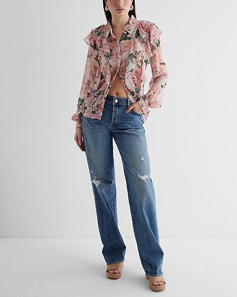 Relaxed Floral Ruffle Front Portofino Shirt | Express (Pmt Risk)