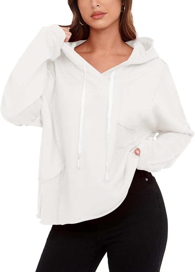 Poetsky Women Casual V Neck Waffle Knit Patchwork Hoodies Loose Casual Long Sleeve Oversized Pull... | Amazon (US)