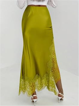 SOLY HUX Women's Satin Lace Maxi Skirt Low Rise Fishtail Long Skirts | Amazon (US)