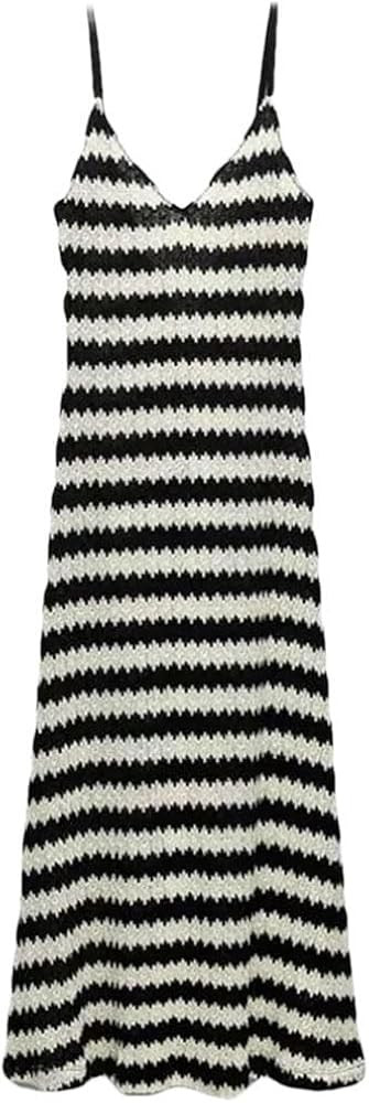 Women's V-Neck Sleeveless Holiday Stripe Long Backless Knitted Strap Dress | Amazon (US)