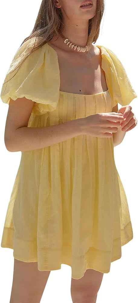 Juakoso Women Y2k Puff Sleeve Babydoll Short Dress Square Neck Tie Back Mini Dress Flowy Solid Co... | Amazon (US)
