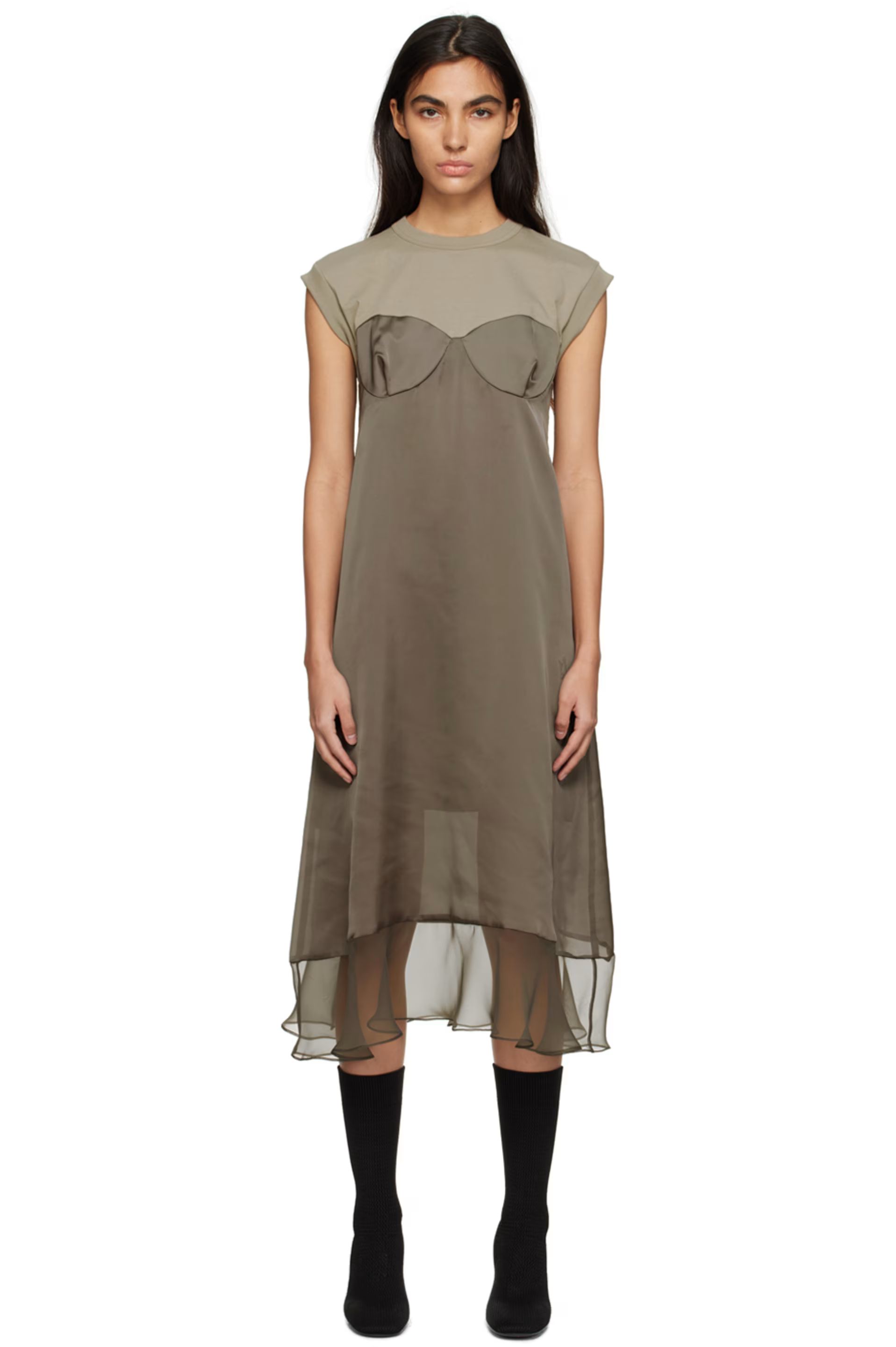 sacai - Khaki Paneled Midi Dress | SSENSE