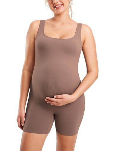 MOMANDA Women's Maternity Bodysuit Ribbed Sleeveless Shorts Jumpsuit Square Neck Tank Top Romper for Pregnancy Brown Purple Medium | Amazon (US)