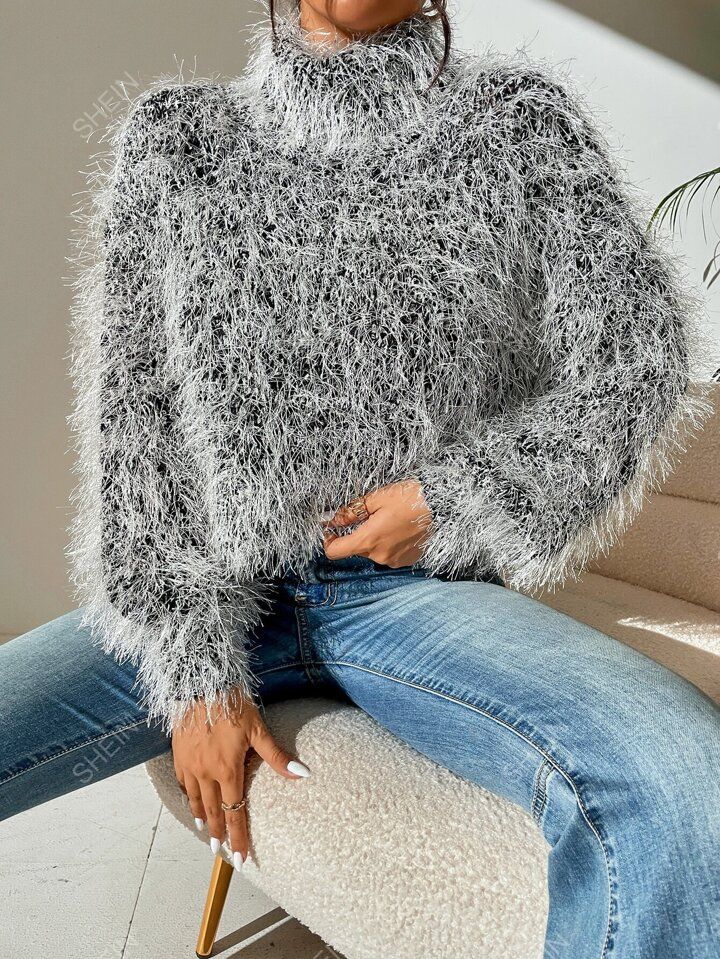 SHEIN Essnce High Neck Fuzzy Sweater | SHEIN