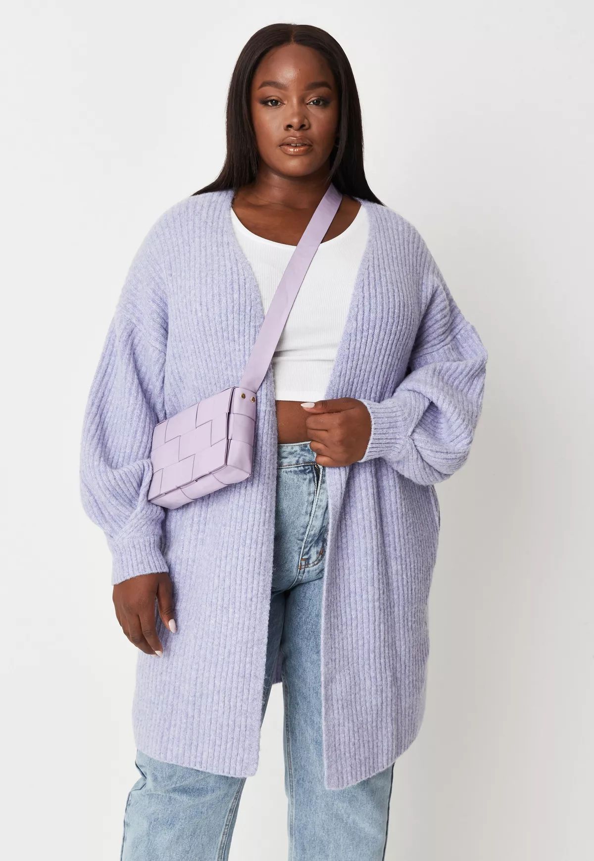 Plus Size Lilac Tuck Sleeve Knitted Cardigan | Missguided (US & CA)