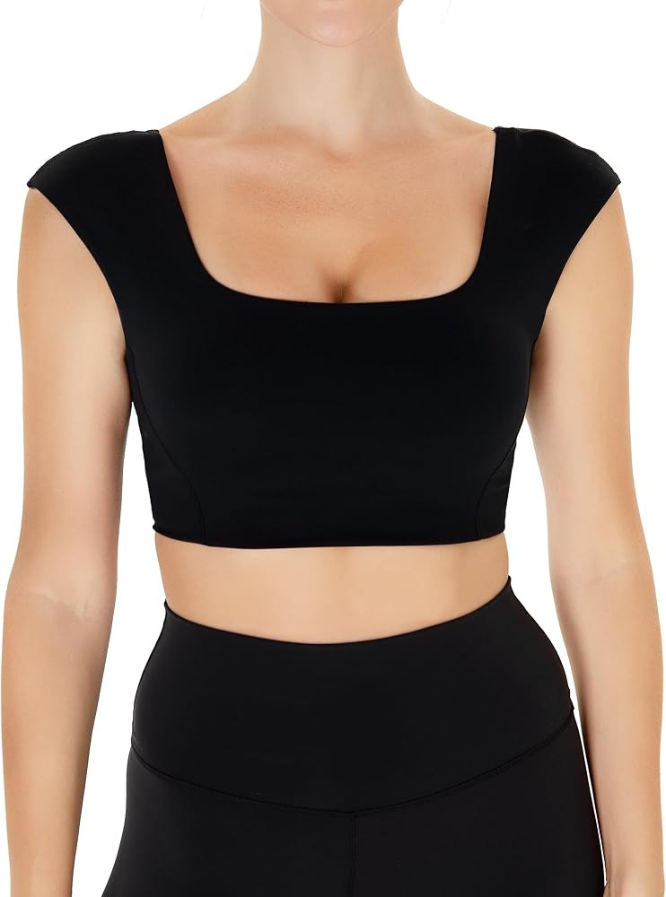 YUNOGA Womens Padded Sports Bras Square Neck Longline Yoga Bras Back Twist Workout Crop Tank Tops | Amazon (US)