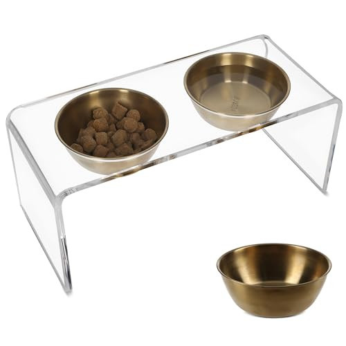 Helm Luxe Acrylic Dog Bowl Stand - Durable Food-Grade Stainless Steel Elevated Cat Bowls & Dog Bowls for Small Dogs, Raised Dog Bowls for Small Dogs, 1 Clear Acrylic Stand with 2 Gold Bowls | Amazon (US)
