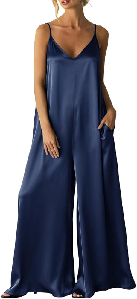 Womens Satin Wide Leg Jumpsuits Dressy Flowy Date Night Rompers Outfits | Amazon (US)