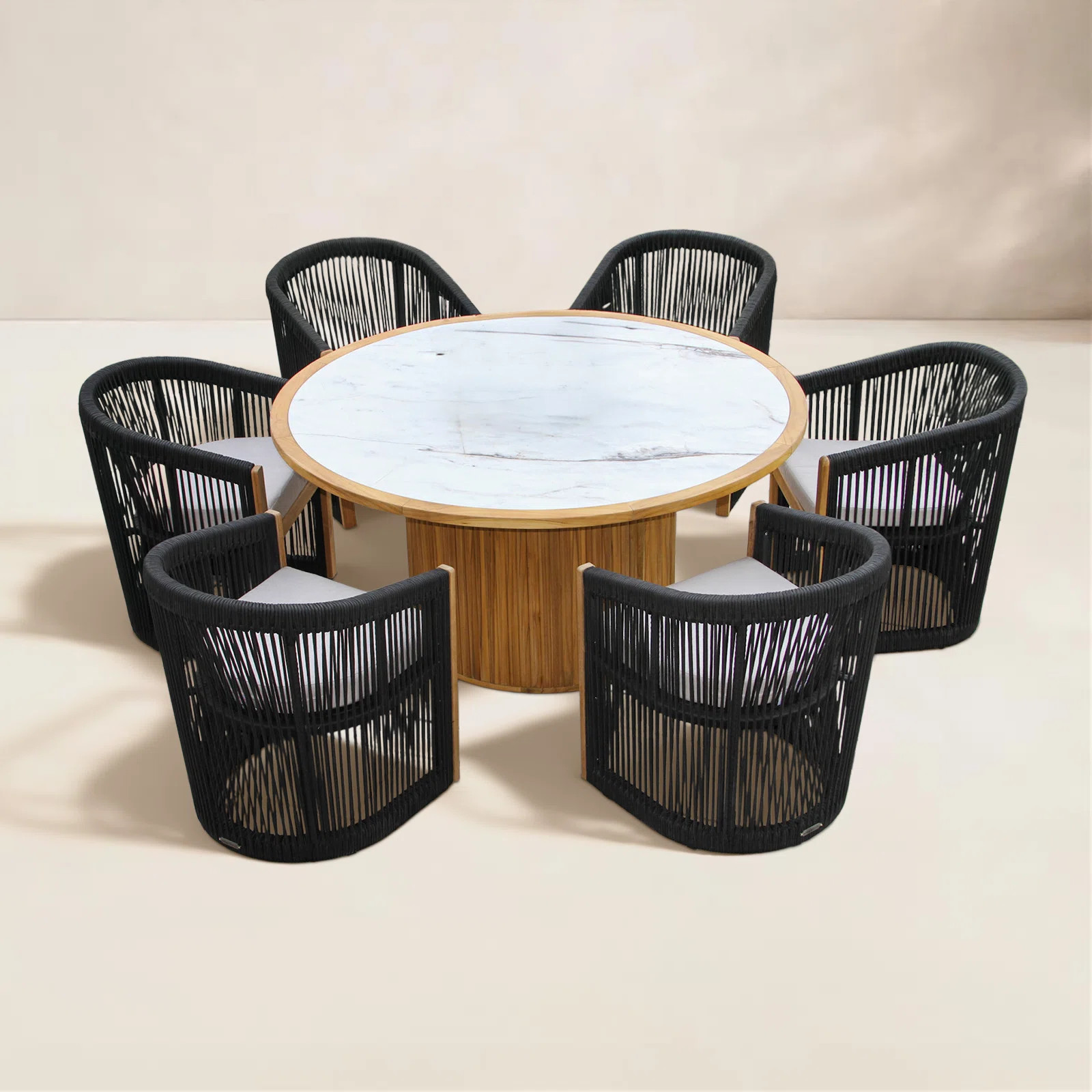 Aniston 7 Pc. Round Teak & Stone Dining Set With Black Rope Dining Chairs | Birch Lane
