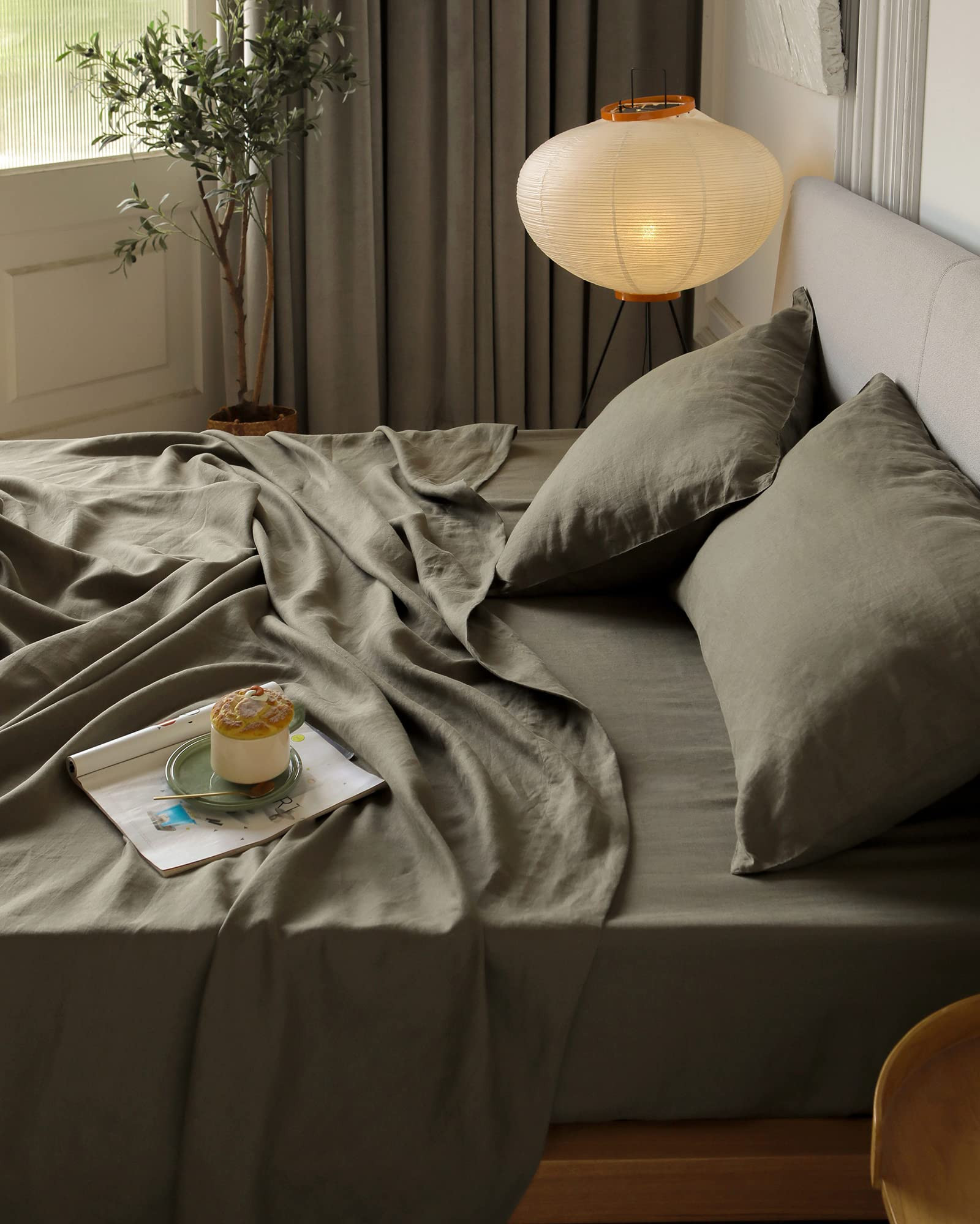 XZ XIFA Olive Green Linen Sheets King Size Set, 100% Washed French Flax Organic Linen, Breathable... | Amazon (US)