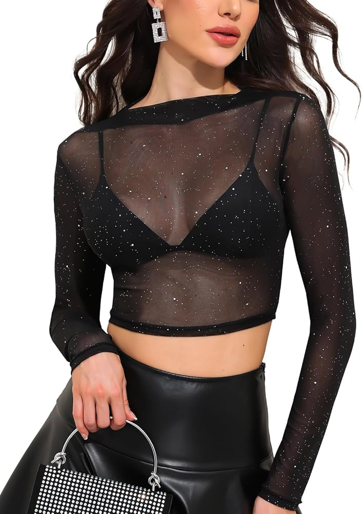 YYA Sheer Mesh Crop Top with Silver Glitter Cap Sleeve Party Top for Women Sexy Blouse S-XXL | Amazon (US)