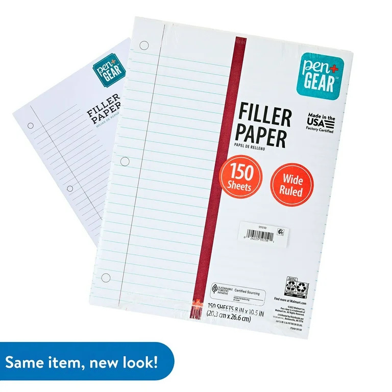 Pen+Gear Wide Ruled Filler Paper, 10.5" x 8", 150 Sheets (59150) | Walmart (US)
