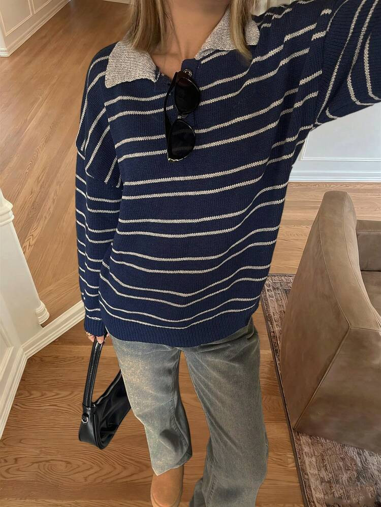 Women's Long Sleeve Clashing Stripe Sweater, POLO Neck Drop Shoulder Loose Top, Street Fashion Va... | SHEIN