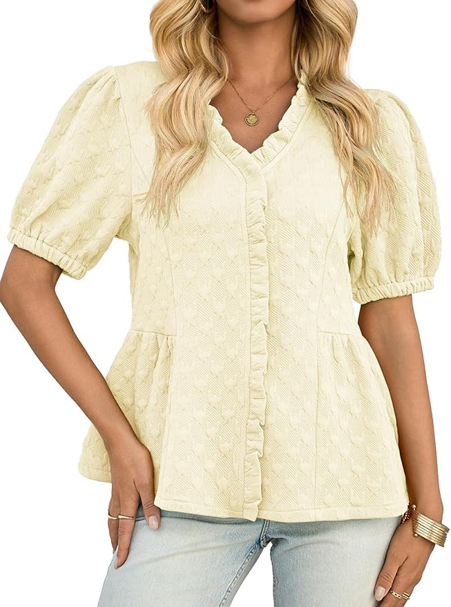 Cicy Bell Womens Peplum Puff Sleeve Tops Dressy Casual Summer Textured Blouses V Neck Ruffle Plea... | Amazon (US)