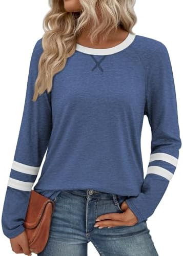 ATHMILE Womens Long Sleeve Shirts Color Block Casual Crewneck Tops Tshirt Basic Tee Fall Fashion ... | Amazon (US)