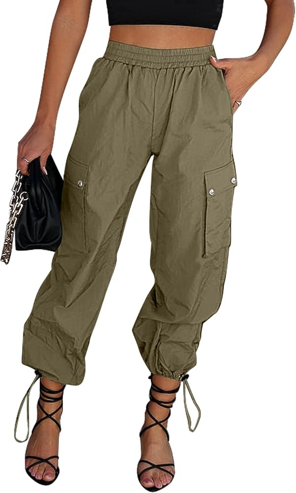 GRAPENT Womens Cargo Pants High Waisted Baggy Parachute Pants Elastic Waist Adjustable Drawstring... | Amazon (US)
