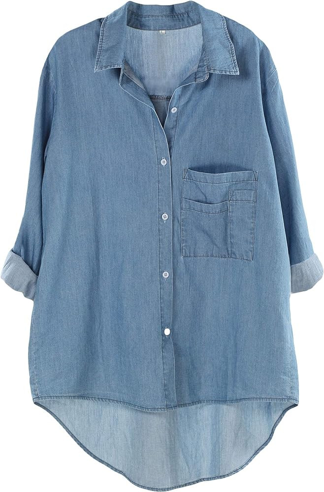 Minibee Women's Long Sleeve Shirts Button Down Blouse Cotton Tunic High Low Tops | Amazon (US)