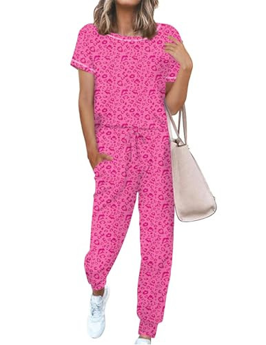 Ekouaer Pajama Sets for Women Short Sleeve Pjs Sets 2 Piece Loungewear Sleepwear with Long Joggers Pants,Pink Leopard,X-Large | Amazon (US)