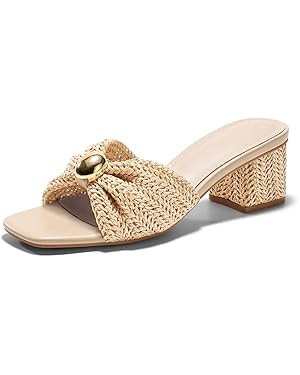 Coutgo Womens Low Chunky Block Heels Raffia Sandals Square Open Toe Slip On Slides Summer Beach D... | Amazon (US)