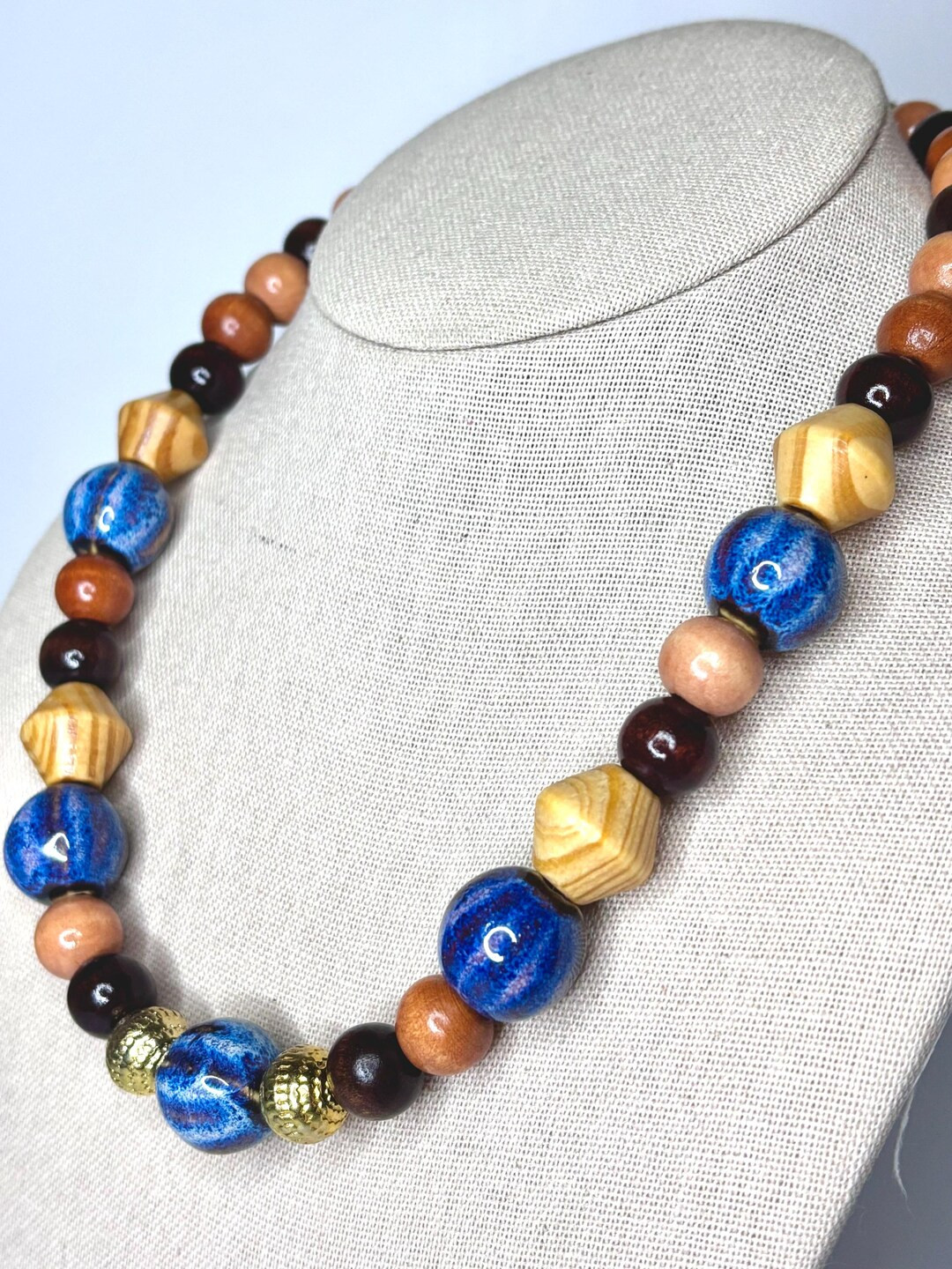 Boho Statement Necklace , Bold Ceramic & Wooden Beads, Earthy Blue and Wood, Artisan Handmade Jew... | Etsy (US)