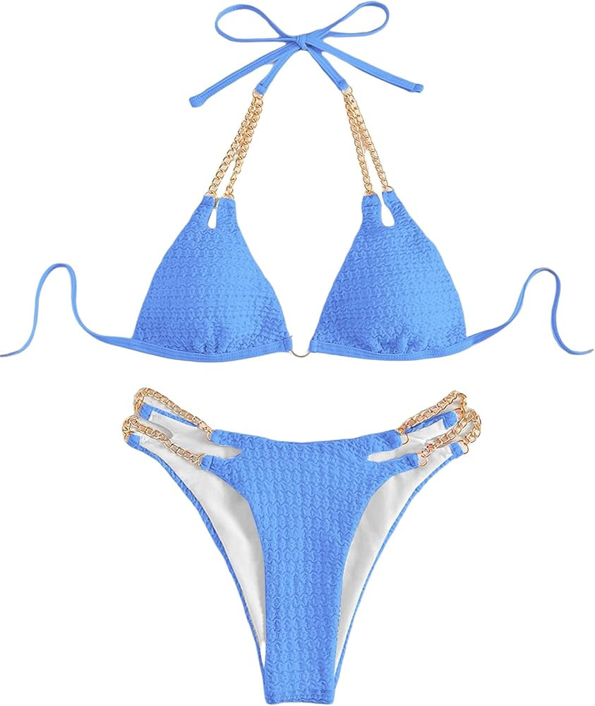 SOLY HUX Women's Two Piece Swimsuit Chain Linked Halter Triangle Cut Out Bikini Sets Bathing Suit... | Amazon (US)