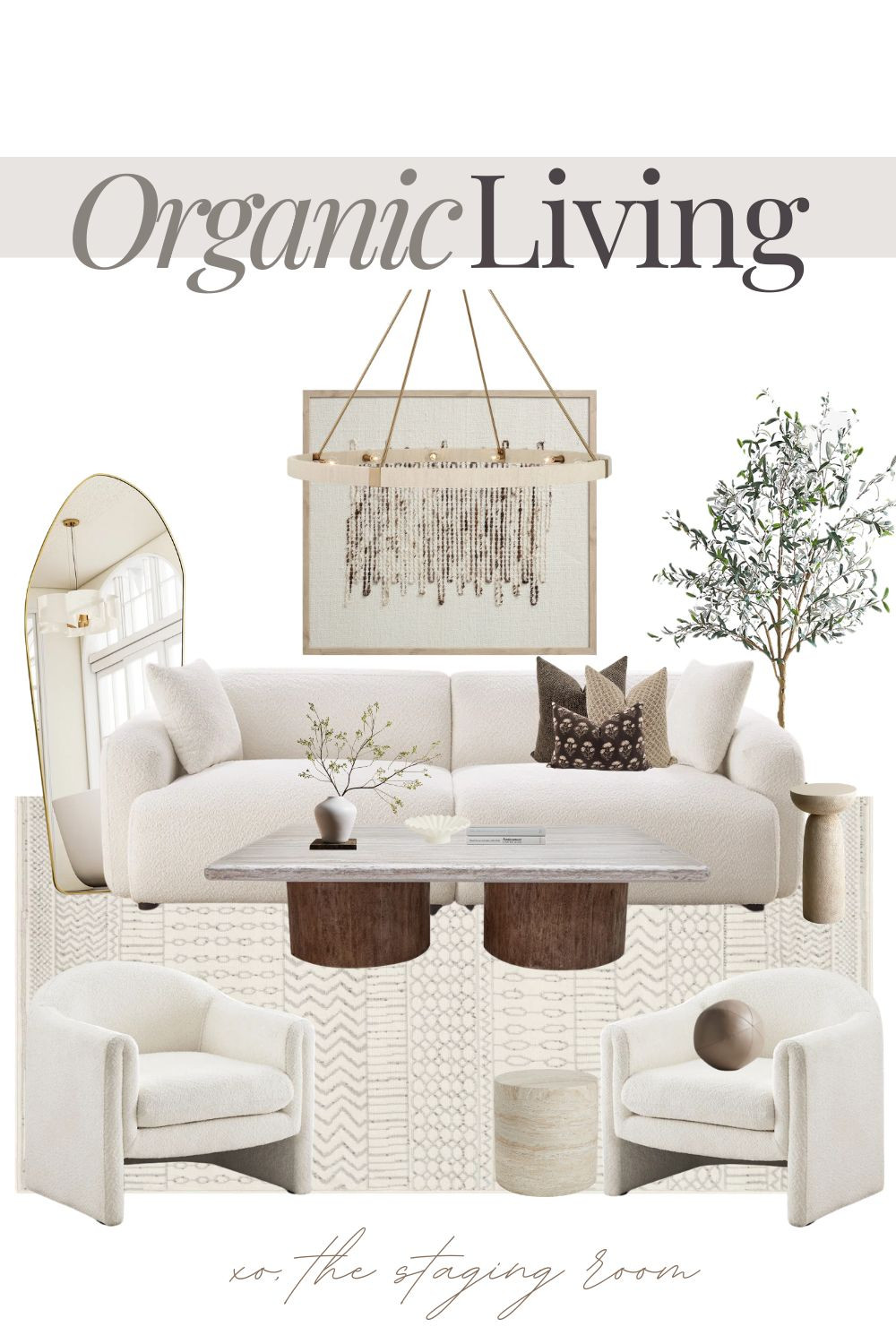 Design an organic living room that balances warmth and texture for a curated, organic modern aesthetic. This design is anchored by a plush white bouclé sofa and a matching pair of bouclé accent chairs to achieve a sophisticated quiet luxury vibe.

This mood board emphasizes evergreen textures, featuring a statement stone coffee table with dark wood bases, a sculptural travertine side table, and a textured area rug. The look is finished with a unique rope halo chandelier, a gold arched mirror, and a faux olive tree for a high-end editorial feel. These minimalist yet warm finds create a serene environment perfect for a timeless, high-low home refresh.

#livingroomdecor #organicmodern 

 

#LTKhome #LTKsale #LTKhome