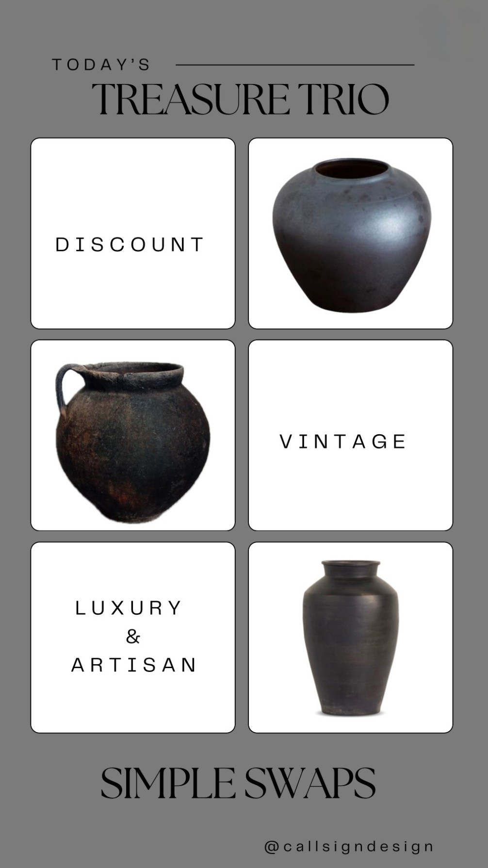 Grey ceramic vases that bring quiet texture and balance to a space. Subtle in tone but rich in form, they work beautifully styled alone or layered with branches, stems, or nothing at all.

#CallSignDesign #Vintage #Luxury #InteriorDesign #InteriorDecorating #Elegance #Chandelier #OldWorldCharm #DesignStyle #CastleCore #OldWorldCharm  #SimpleSwaps