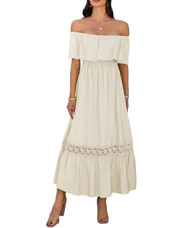 Women's Ruffle Off Shoulder Summer Maxi Dress Beach Boho Long Dress | Amazon (US)