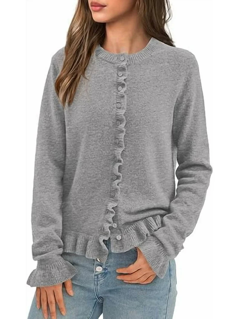 PRETTYGARDEN Womens Fall Button Down Cardigans Chunky Knit Ruffle Open Front Cropped Cardigan Swe... | Walmart (US)