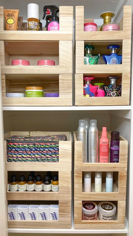 Bathroom linen closet organization✨  iDesign, the home edit, wooden bins 

#LTKhome