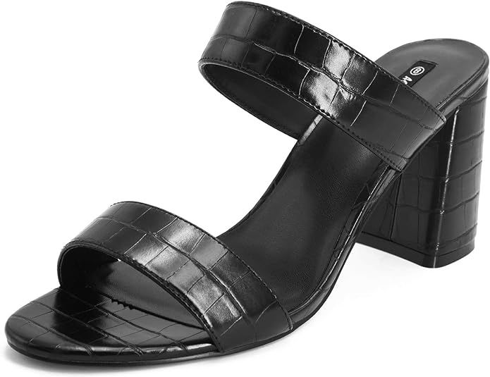 AOMOLOVE Women's Crocodile Effect Two Strap High Block Heel Mule Sandal | Amazon (US)