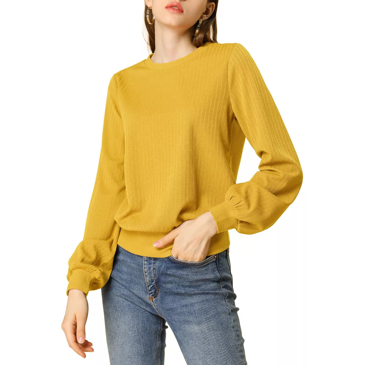 Allegra K Women's Warm Tops Lantern Sleeve Crew Neck Winter Ribbed Pullover Sweater | Target
