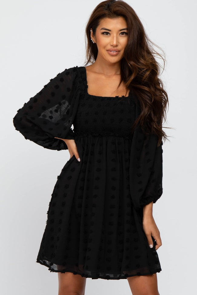 Black Textured Dot Smocked Square Neck Chiffon Dress | PinkBlush Maternity