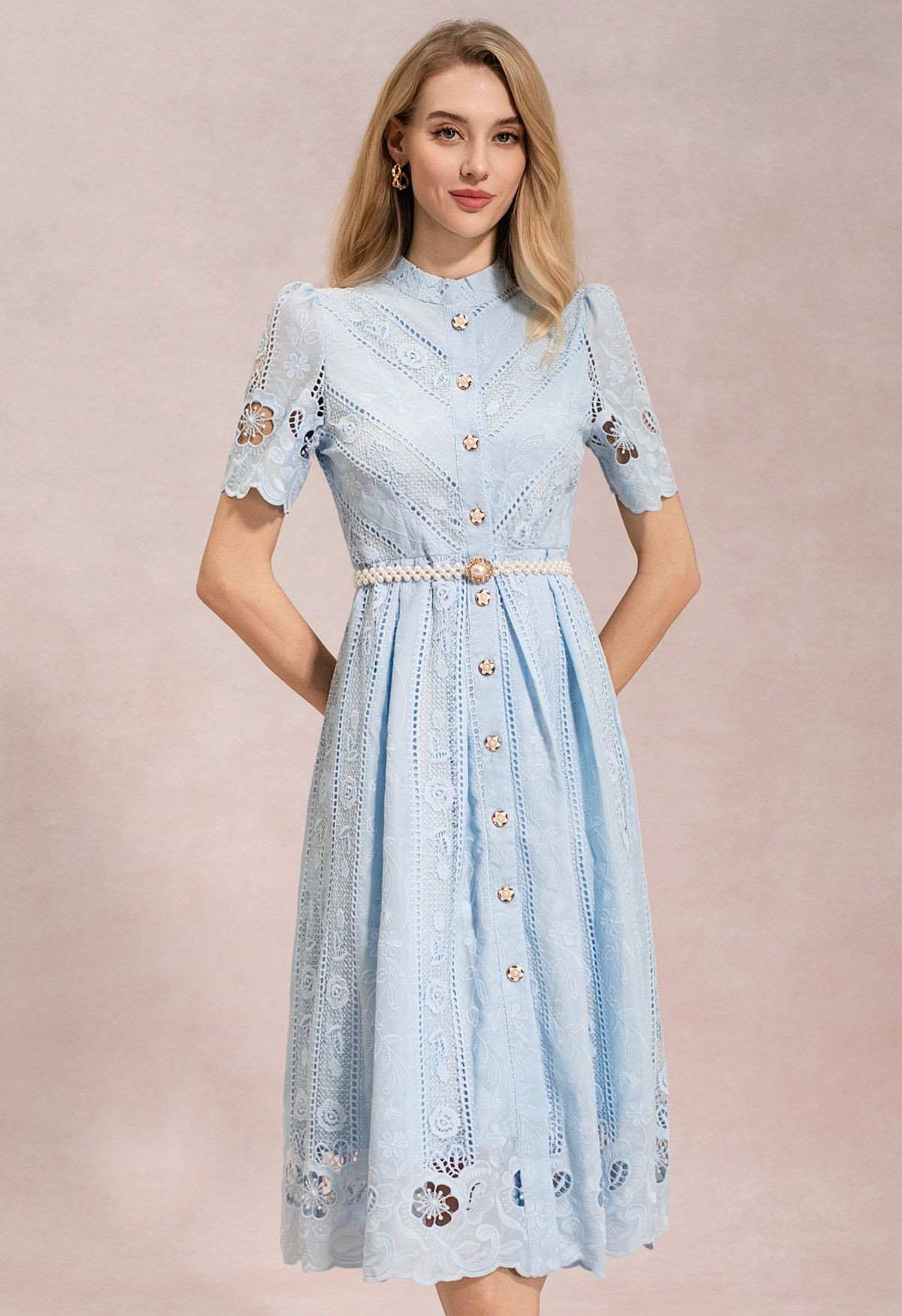 Floral Cutwork Embroidery Pearl Belt Midi Dress in Blue for Coastal Getaways & Beachside Dinners | Chicwish