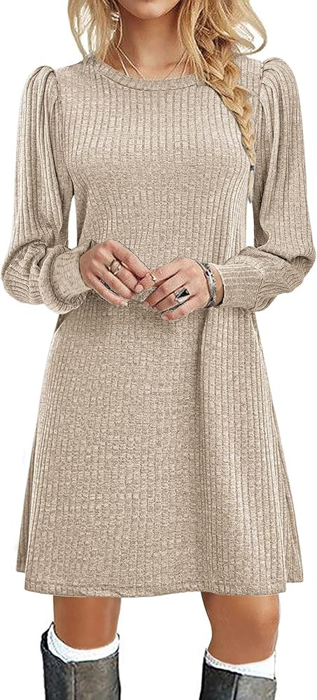 Zeagoo Women Knit Dress Puff Long Sleeve Dress for Fall Winter Round Neck Casual Tunic Dress | Amazon (US)
