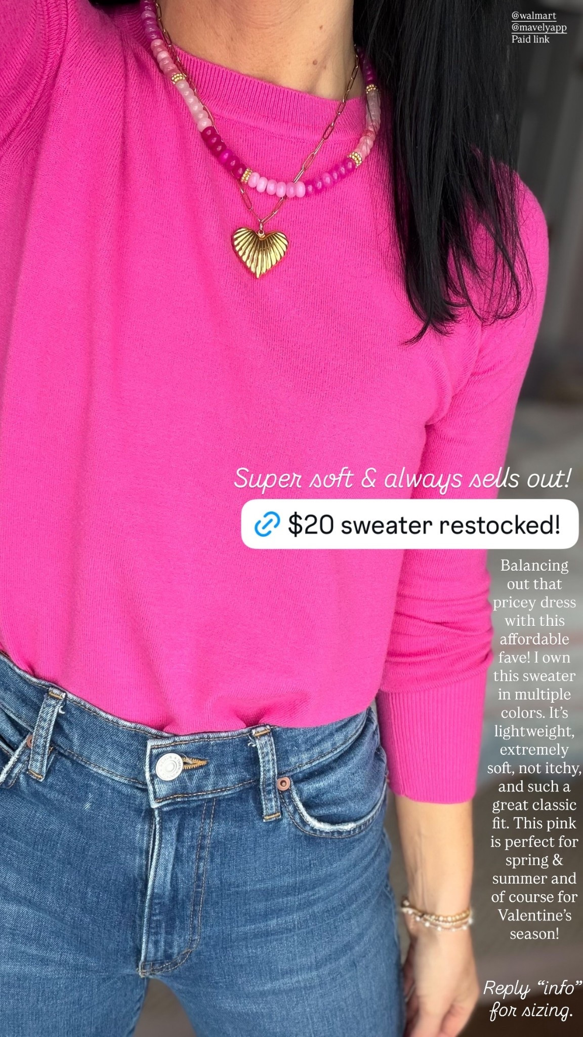 $20 sweater - perfect for Valentine’s Day!

Super soft & always sells out!

I own this classic crewneck sweater in multiple colors. It’s lightweight, extremely
soft, not itchy, and such a great classic fit. This pink is perfect for spring & summer and of course for Valentine’s season! 

Fits TTS, wearing an XS.

Walmart fashion, Walmart finds, affordable style, pink sweater 

#LTKSeasonal #LTKootd #LTKValentine