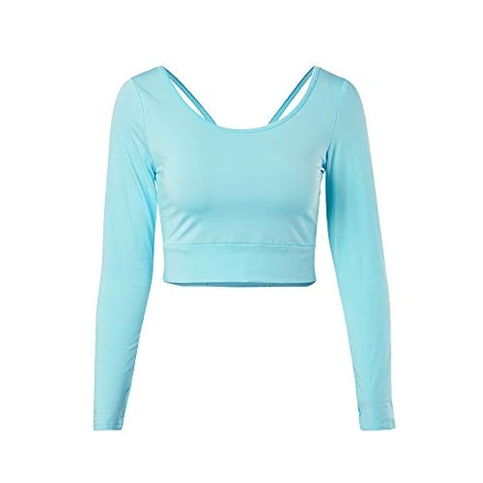 ENIDMIL Women's Scoop Neck Long Sleeve Crop Tops Slim Fit Backless Cross Shirt | Amazon (US)