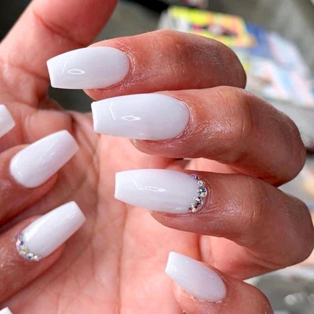 White Nails With Rhinestones -press on Nails-luxury Nails-almond Nails-one Color Nails- Short Lon... | Etsy (US)