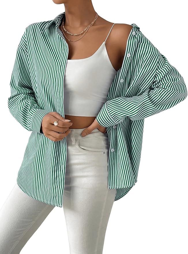 SweatyRocks Women's Striped Long Sleeve Button Down Shirt Casual Collared Pocket Blouse | Amazon (US)