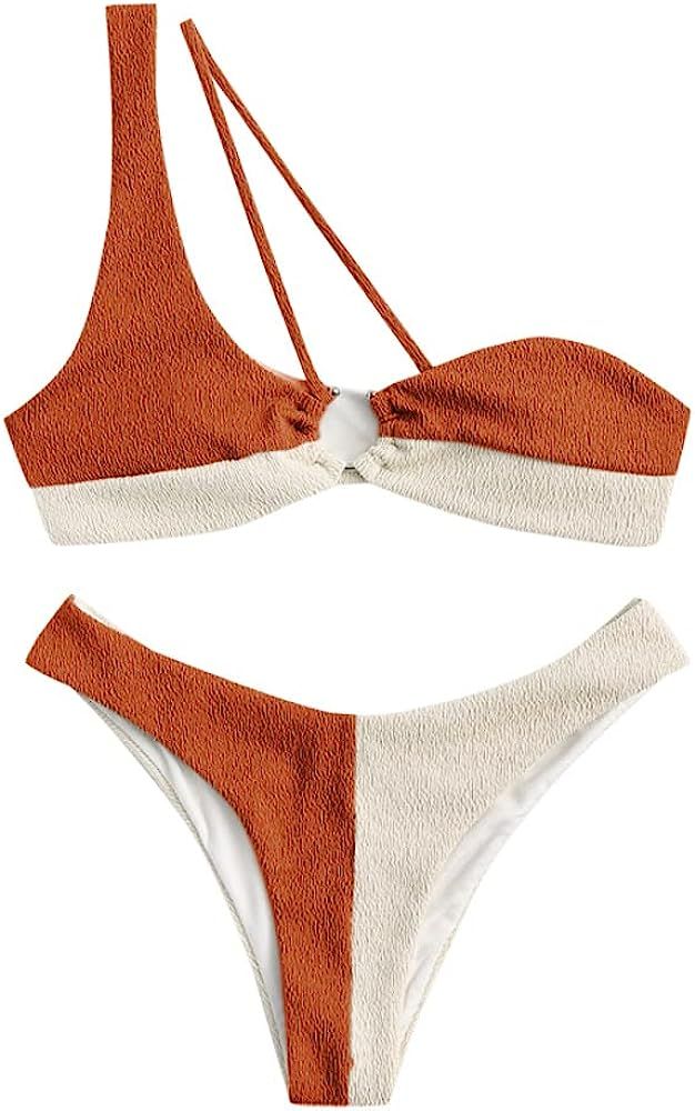 ZAFUL Women's Textured One Shoulder Two Tone Cheeky Two Piece Bikini Set Swimwear | Amazon (US)