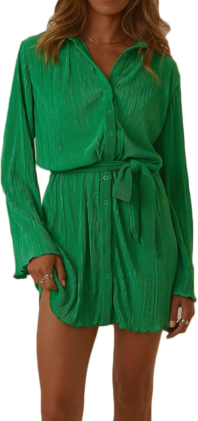 PRIVIMIX Pleated Dress for Women Button Down Long Sleeve Ribbed Mini Dresses Casual Groovy Tunic ... | Amazon (US)
