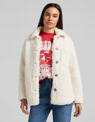 Bershka pocket detail sherpa shacket in ecru | ASOS (Global)