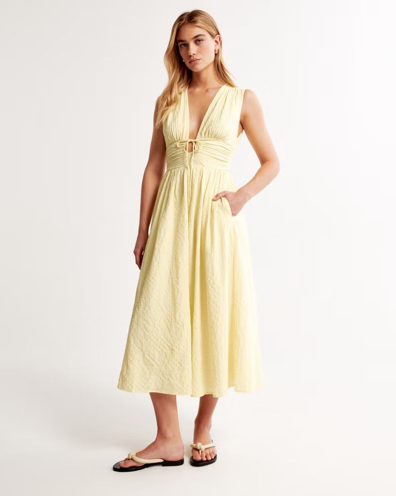 Seersucker Ruched Midi Dress | Abercrombie & Fitch (US)