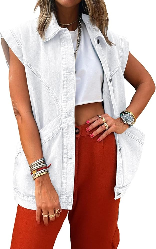 PLNOTME Womens Oversized Sleeveless Denim Vest Classic Button Down Jean Vest Casual Utility Lapel... | Amazon (US)