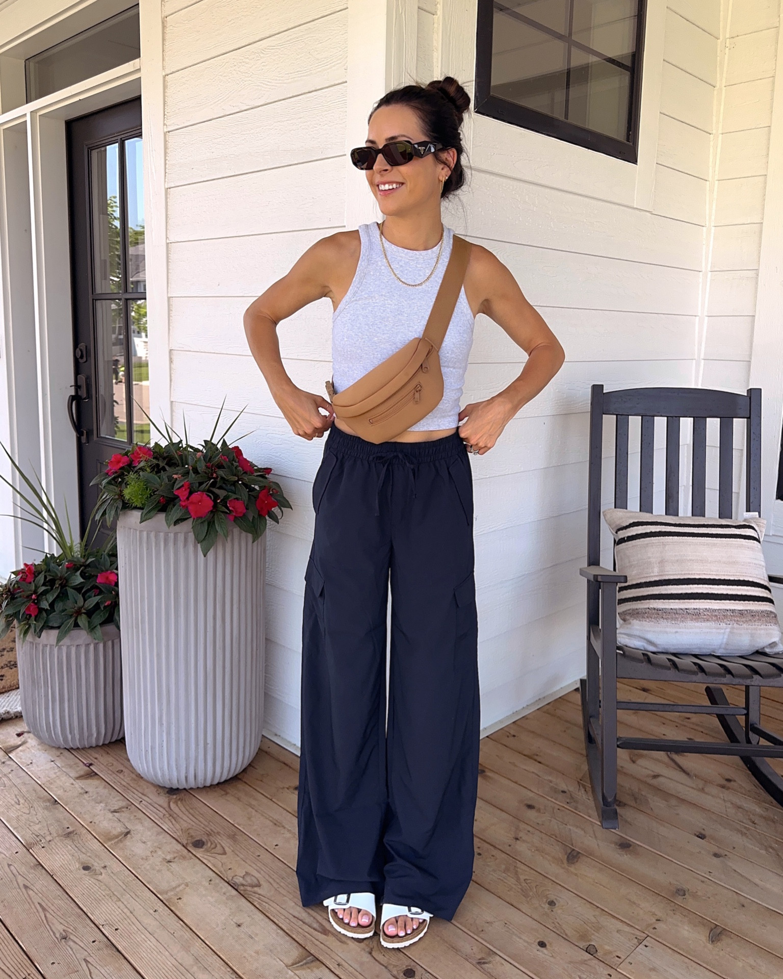 Tank: tts (S)
Bralette: tts (S) 
Wide leg cargo pants: tts (S tall, 5’7”)
Birkenstock sandals: size up 

Miranda Frye code styled 

Front porch, concrete planters, fluted planter 

#LTKFind #LTKsalealert #LTKunder50